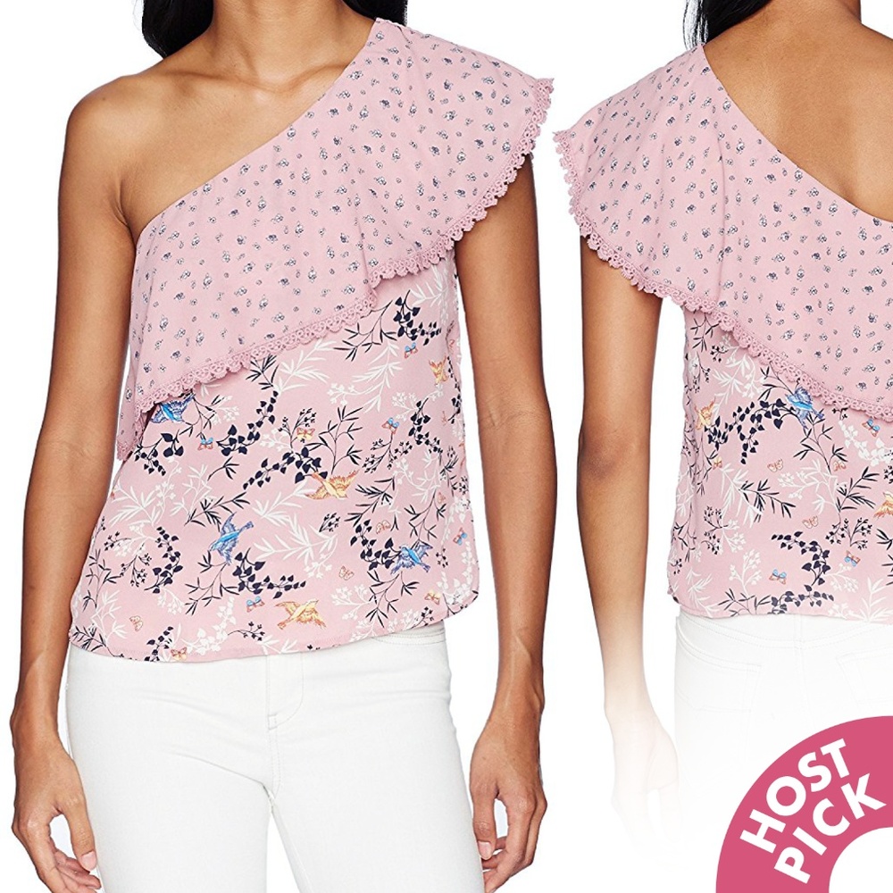 Floral Crochet Trim Ruffle One Shoulder Top NWT
